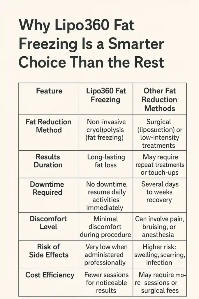 Is it possible to permanently freeze fat cells? 2 Table showing benefits of fat freezing to remove fat cells Camberley from Lipo 360